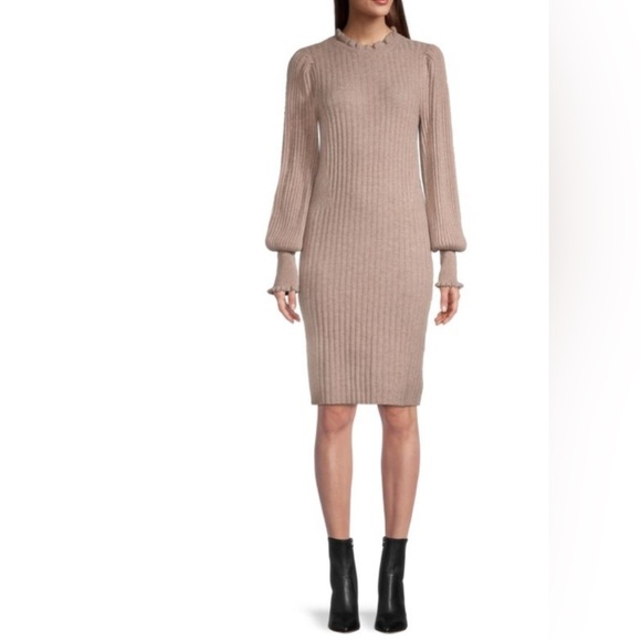 ELIE TAHARI Large Balloon Sleeve Sweaterdress 100% CASHMERE Abbey Stone ELEGANT - Picture 1 of 15
